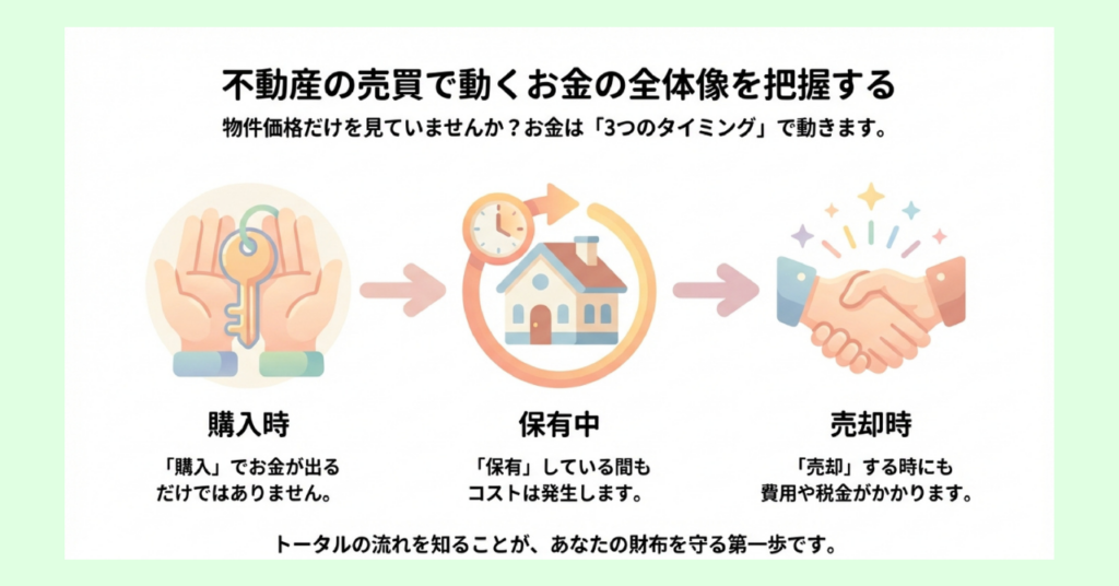 不動産の売買で動くお金の全体像を示す図解。購入時・保有中・売却時の3つのタイミングでお金が発生することを、鍵・家・握手のイラストで表現している。