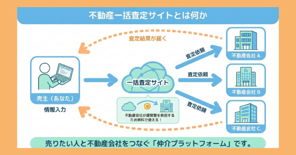 不動産一括査定サイトの仕組みを示した図解。売主が情報を入力すると一括査定サイトを経由して不動産会社A・B・Cに査定依頼が届き、結果が売主に返ってくる流れを図示。不動産会社がサイトの運営費を負担するため売主は無料で利用できることを説明している。