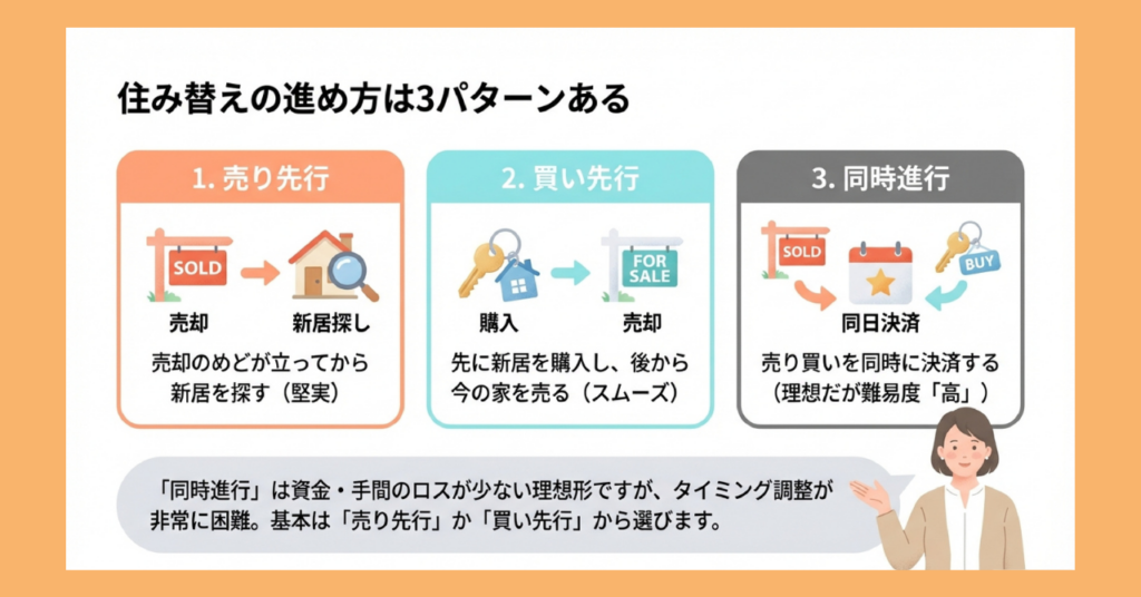 住み替えの進め方3パターンを図解。左から「売り先行（売却→新居探し）」「買い先行（購入→売却）」「同時進行（同日決済）」の特徴を比較。同時進行は理想だが難易度が高く、基本は売り先行か買い先行から選ぶと説明している。