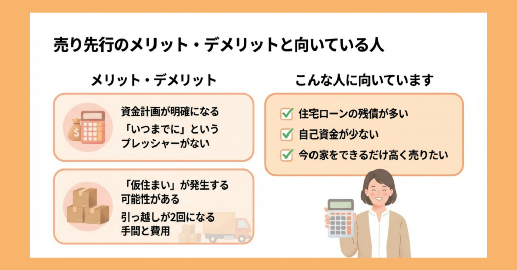 売り先行のメリット・デメリットと向いている人を図解。メリットは資金計画が明確になること・期日プレッシャーがないこと、デメリットは仮住まいの発生と引っ越し2回の手間と費用。向いている人は住宅ローンの残債が多い・自己資金が少ない・今の家をできるだけ高く売りたい方。