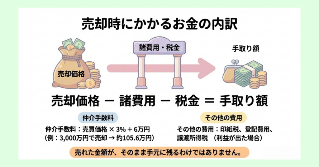 売却時にかかるお金の内訳を示す図解。売却価格から諸費用と税金を差し引いた額が手取りになる構造を、仲介手数料の計算例とともに表現している。