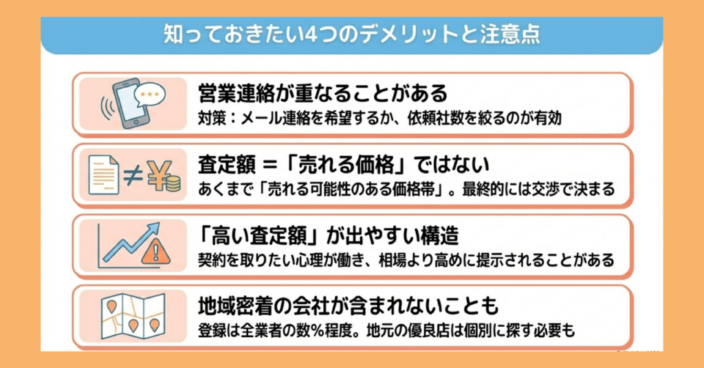 不動産一括査定サイトの4つのデメリットと注意点を示した図解。「営業連絡が重なることがある」「査定額は売れる価格ではない」「高い査定額が出やすい構造」「地域密着の会社が含まれないことも」の4項目を赤系のカードで説明。