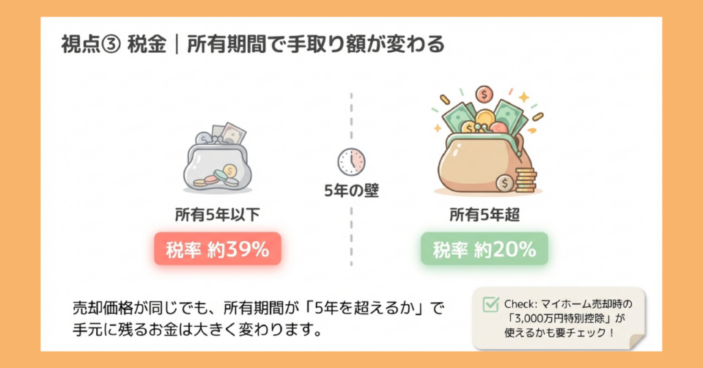 
財布のイラストを使った比較図。左側に小さい財布と「所有5年以下・税率約39%」、右側に大きい財布と「所有5年超・税率約20%」を並べて表示。中央に「5年の壁」と記載。下部に「売却価格が同じでも、所有期間が5年を超えるかで手元に残るお金は大きく変わります。」と「マイホーム売却時の3,000万円特別控除が使えるかも要チェック！」というメモ付き。