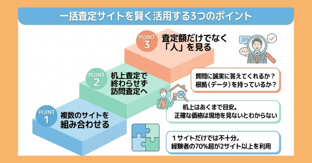 一括査定サイトを賢く活用する3つのポイントを階段状の図解で説明。POINT1「複数のサイトを組み合わせる」、POINT2「机上査定で終わらせず訪問査定へ」、POINT3「査定額だけでなく人を見る」の3段階を示している。