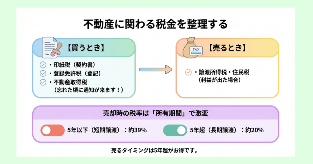 不動産に関わる税金を購入時と売却時に分けて整理した図解。売却時の税率が所有期間5年を境に約39%から約20%へ変わることを強調している。