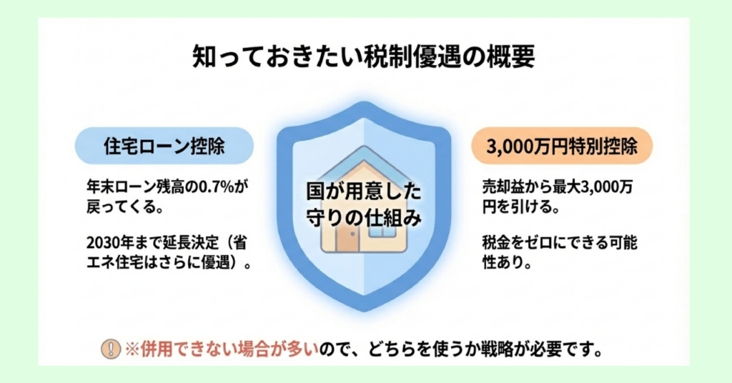 住宅ローン控除と3,000万円特別控除の概要を盾のイラストで表した図解。両制度の内容と、併用できない場合が多い点を注意喚起している。