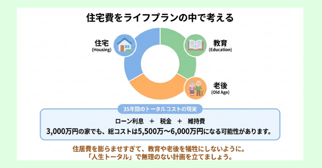 住宅費をライフプランの中で考える重要性を示す図解。住宅・教育・老後の三大支出を円グラフで表し、3,000万円の住宅でも35年間の総コストが5,500万〜6,000万円になる可能性を記載している。