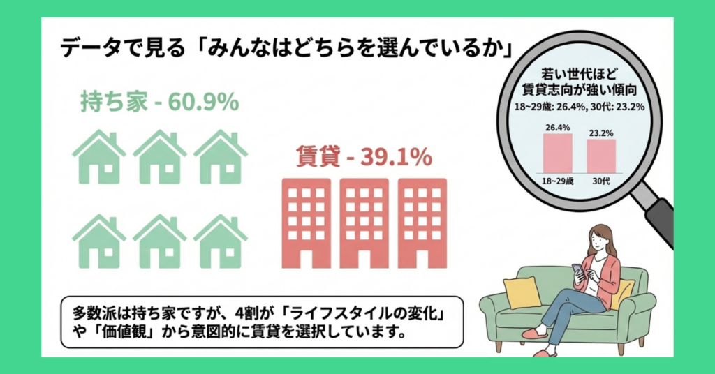 持ち家60.9%・賃貸39.1%という住宅の所有比率を示す図解。若い世代ほど賃貸志向が強く、18〜29歳で26.4%、30代で23.2%が賃貸を選んでいることを示している