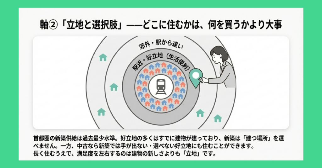 駅を中心とした同心円の図。駅近・好立地エリアには新築・中古物件が密集し、郊外・駅から遠いエリアには中古物件のみが点在するイメージ。首都圏の新築供給が過去最少水準であることを示す解説付き。