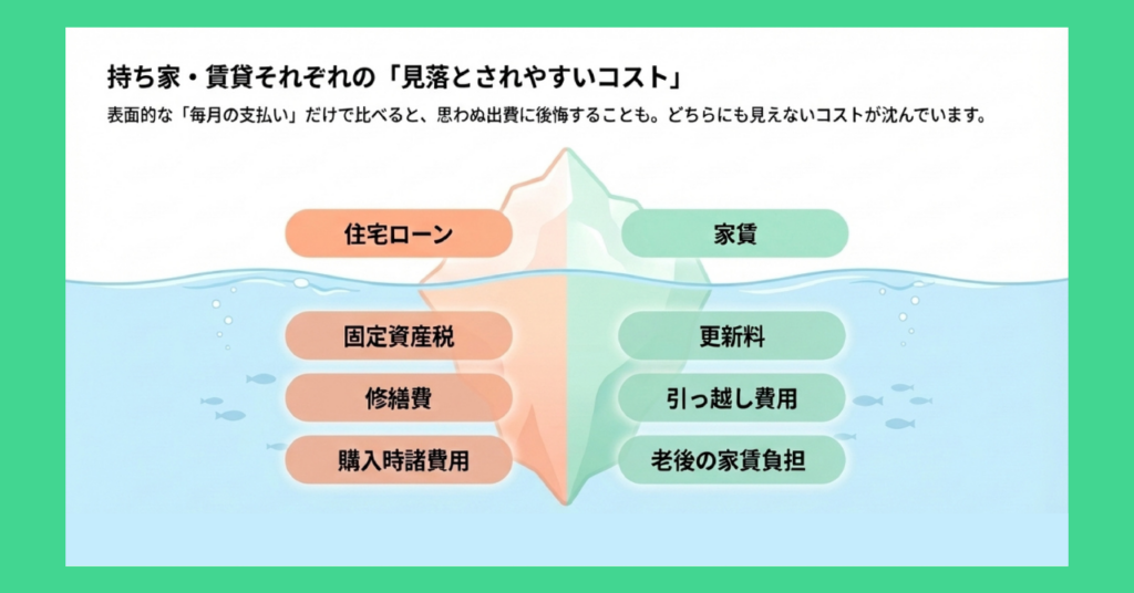 持ち家と賃貸それぞれの見落とされやすいコストを氷山のイラストで表現した図解。水面上に住宅ローン・家賃、水面下に固定資産税・修繕費・更新料・老後の家賃負担などが示されている