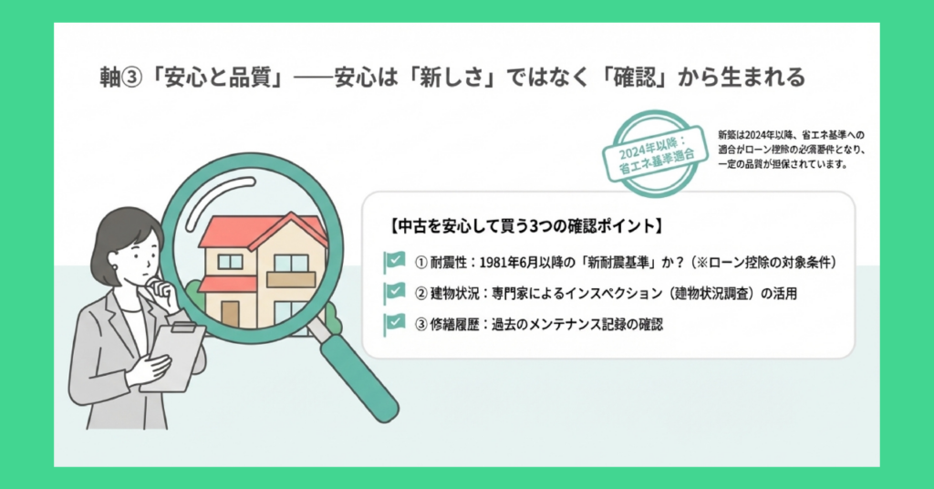 虫眼鏡で住宅を確認する人物のイラストと、中古を安心して買う3つの確認ポイント（①耐震性：新耐震基準か、②建物状況：インスペクションの活用、③修繕履歴：過去のメンテナンス記録の確認）を示したチェックリスト。2024年以降は省エネ基準適合が新築ローン控除の必須要件である旨の注記付き。