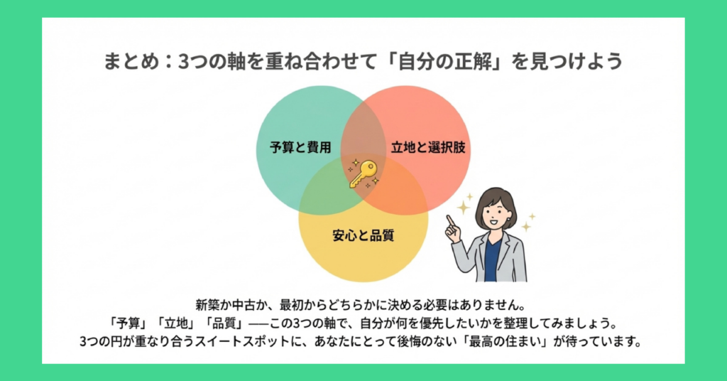 「予算と費用」「立地と選択肢」「安心と品質」の3つの円が重なるベン図。3つの円が重なるスイートスポットに鍵のアイコンが配置され、「自分の正解」を見つけることを表現したまとめ図。