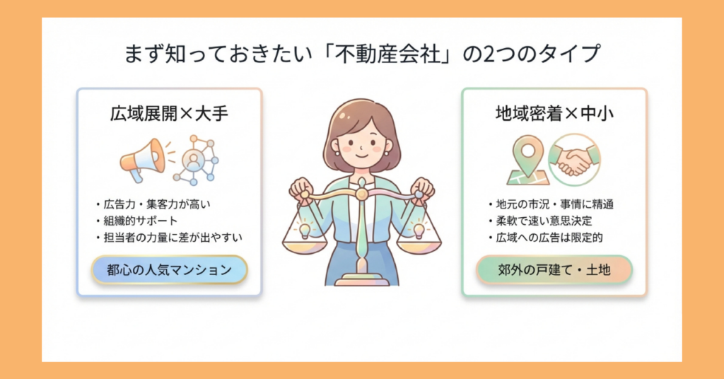 広域展開の大手と地域密着の中小、不動産会社2つのタイプの特徴を比較した図解