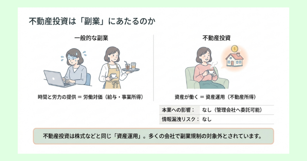 一般的な副業（労働対価）と不動産投資（資産運用）を比較した図解。不動産投資は多くの会社で副業規制の対象外とされていることを示している。