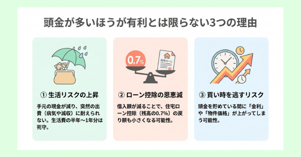 頭金を入れすぎるリスクとして、生活リスクの上昇・住宅ローン控除の恩恵減・買い時を逃すリスクの3つをイラスト付きで整理した図解