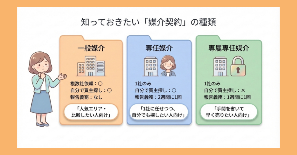 一般媒介・専任媒介・専属専任媒介の3種類の媒介契約の特徴を比較した図解