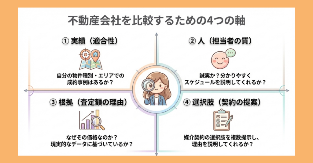 不動産会社を比較するための4つの軸（実績・担当者の質・査定の根拠・契約の提案）を示した図解