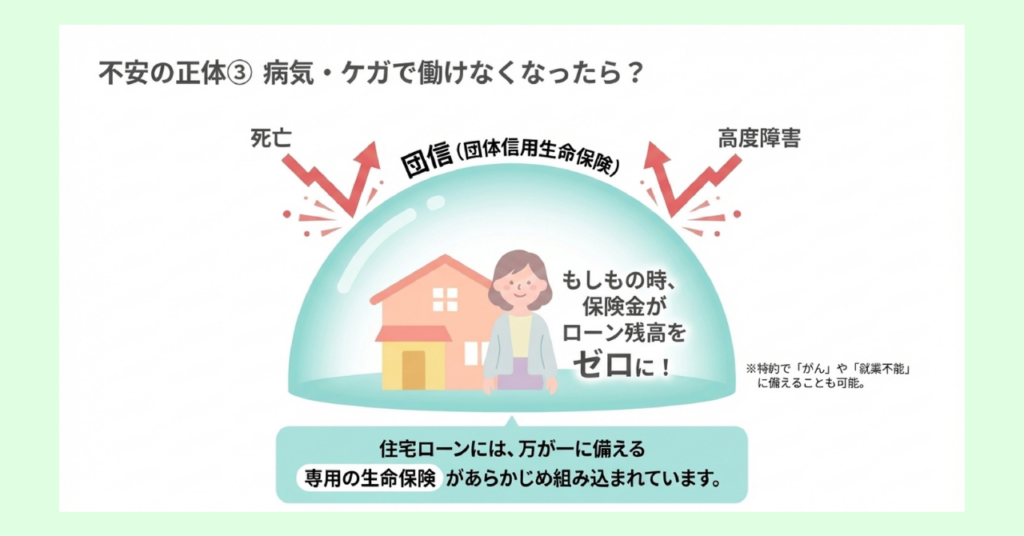 団信（団体信用生命保険）の仕組みを示した図。死亡・高度障害の場合に保険金がローン残高をゼロにする仕組みを表し、「住宅ローンには、万が一に備える専用の生命保険があらかじめ組み込まれている」ことを解説。特約でがんや就業不能にも備えられると付記。