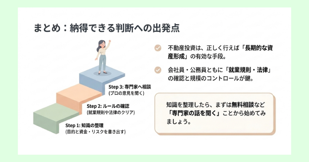 不動産投資を始めるための3ステップ（知識の整理→ルールの確認→専門家へ相談）を階段状の図で示したまとめ図解。