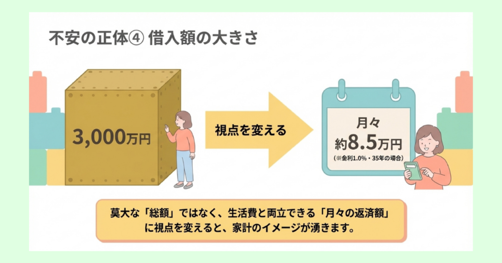 借入額3,000万円という大きな数字を、視点を変えると月々約8.5万円（金利1.0%・35年の場合）になることを示した図。「莫大な総額ではなく、生活費と両立できる月々の返済額に視点を変えると、家計のイメージが湧きます」と解説。