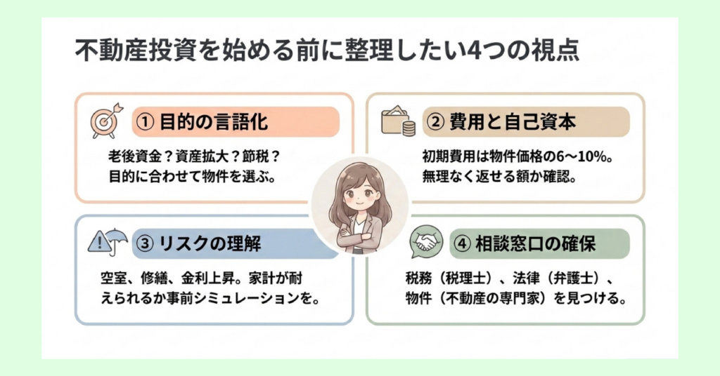 不動産投資を始める前に整理したい4つの視点を示した図解。①目的の言語化（老後資金・資産拡大・節税など）、②費用と自己資本（初期費用は物件価格の6〜10%）、③リスクの理解（空室・修繕・金利上昇）、④相談窓口の確保（税務・法律・物件の専門家）の4項目を四分割で説明している。