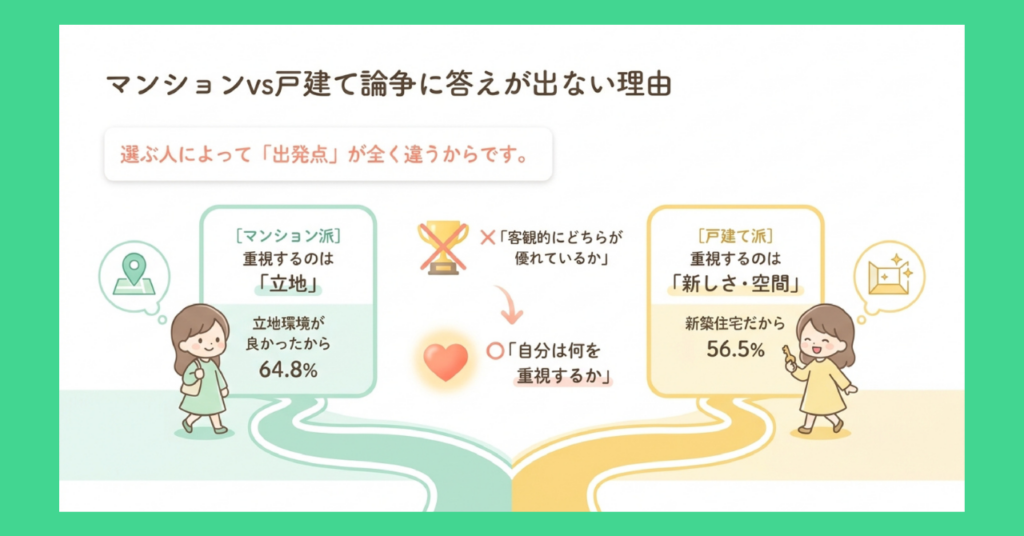 マンションvs戸建て論争に答えが出ない理由を示した図解。マンション派は「立地環境が良かったから64.8%」、戸建て派は「新築住宅だから56.5%」と、選ぶ人によって重視するポイントが全く異なることを示している。