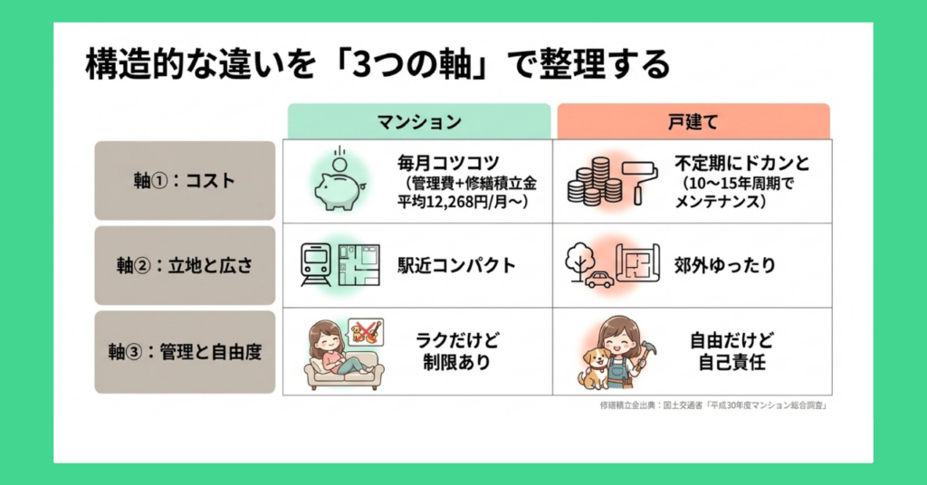 マンションと戸建ての違いを3つの軸で比較した表。コスト・立地と広さ・管理と自由度の観点で、それぞれの特徴を整理している。