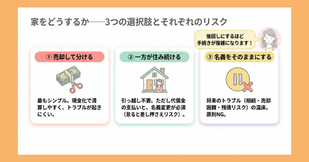 離婚時の家の選択肢3つを図解。①売却して分ける②一方が住み続ける③名義をそのままにする（原則NG）。後回しにするほど手続きが複雑になる点を注意喚起。