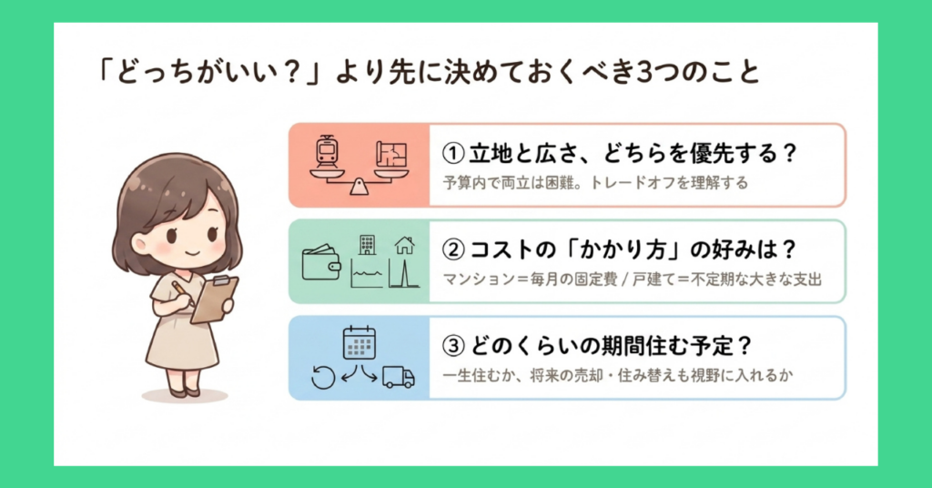 「どっちがいい？」より先に決めておくべき3つのことを示した図解。①立地と広さ、どちらを優先する？②コストの「かかり方」の好みは？③どのくらいの期間住む予定？の3項目をリスト形式で整理している。