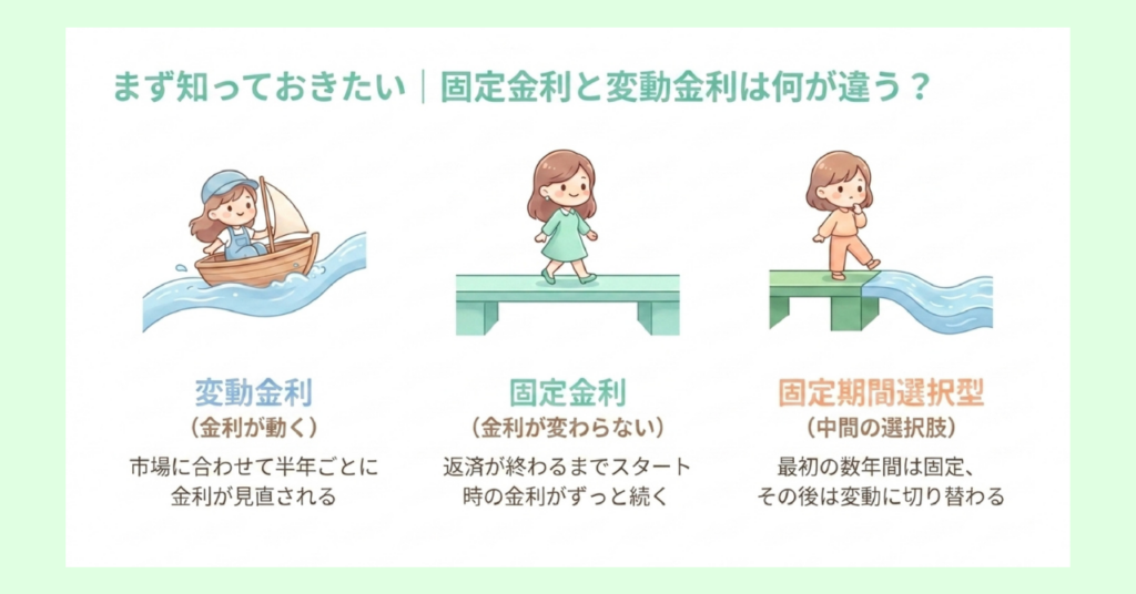 変動金利・固定金利・固定期間選択型の3種類を女の子のイラストで図解。変動は波の上の船、固定は橋の上、固定期間選択型は橋の端で表現。